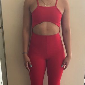 PLT Red Open Middle Cut Flare Jumpsuit